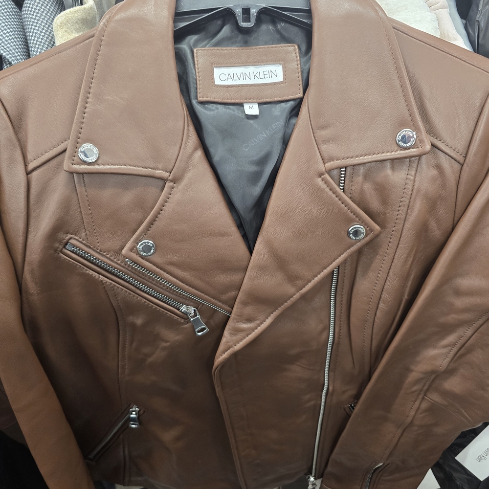 Calvin Klein Women's Brown Leather Moto Jacket - Picture 2 of 6